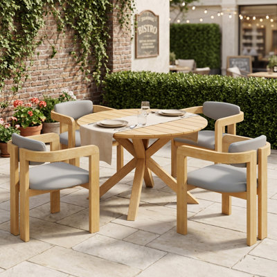 5-Piece Outdoor Acacia Wood Round Dining Set, Patio Dining Table Set with 4 Barrel Chairs, Modern Garden Conversation Set for Backyard, Deck, Poolside