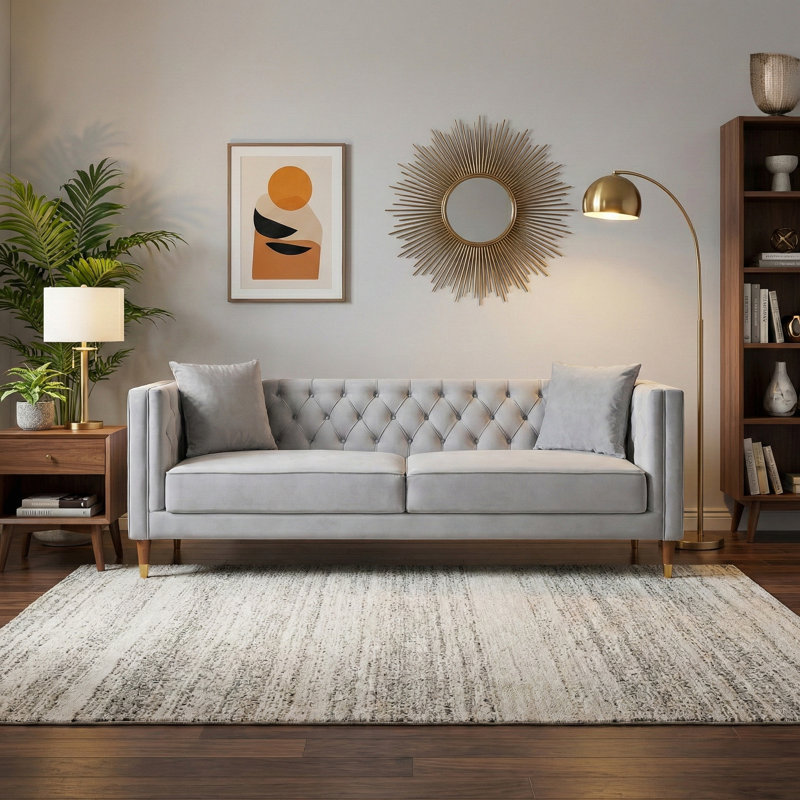 Crebessa 91'' Luxury Modern Tufted Velvet Living Room Sofa Couch, Light Grey