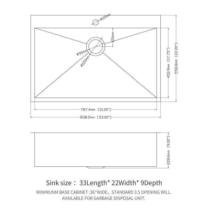 18 Gauge Stainless Steel 33" Drop In Single Bowl Topmount Kitchen Sink, T-304 Construction, 22-Inch Wide, 9-Inch Product Height, X-Shaped Drainage System, Full Coating To Condensation, Comes With
