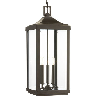 Lanterne suspendue d'extérieur en bronze antique à 3 lumières Husby avec verre biseauté transparent
