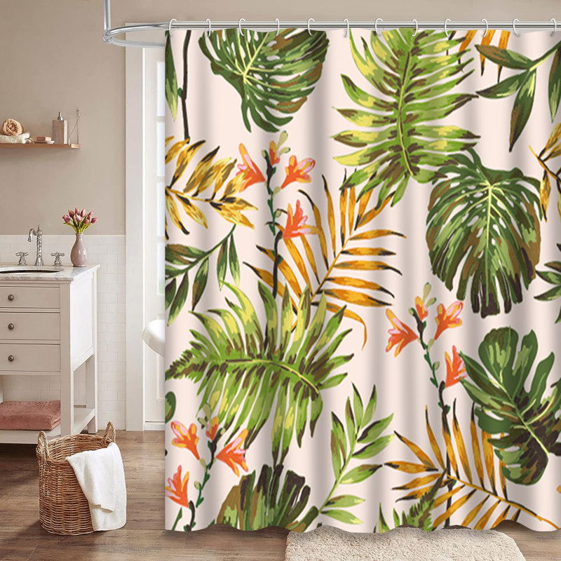 Rideau de douche à motif de feuilles tropicales rétro avec 12 crochets, L 72 po x l 72 po