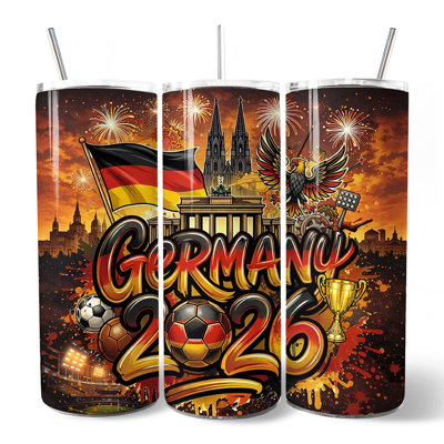 Verre 20 oz Allemagne avec couvercle et paille en acier inoxydable, tasse de football pour les fans, Allemagne