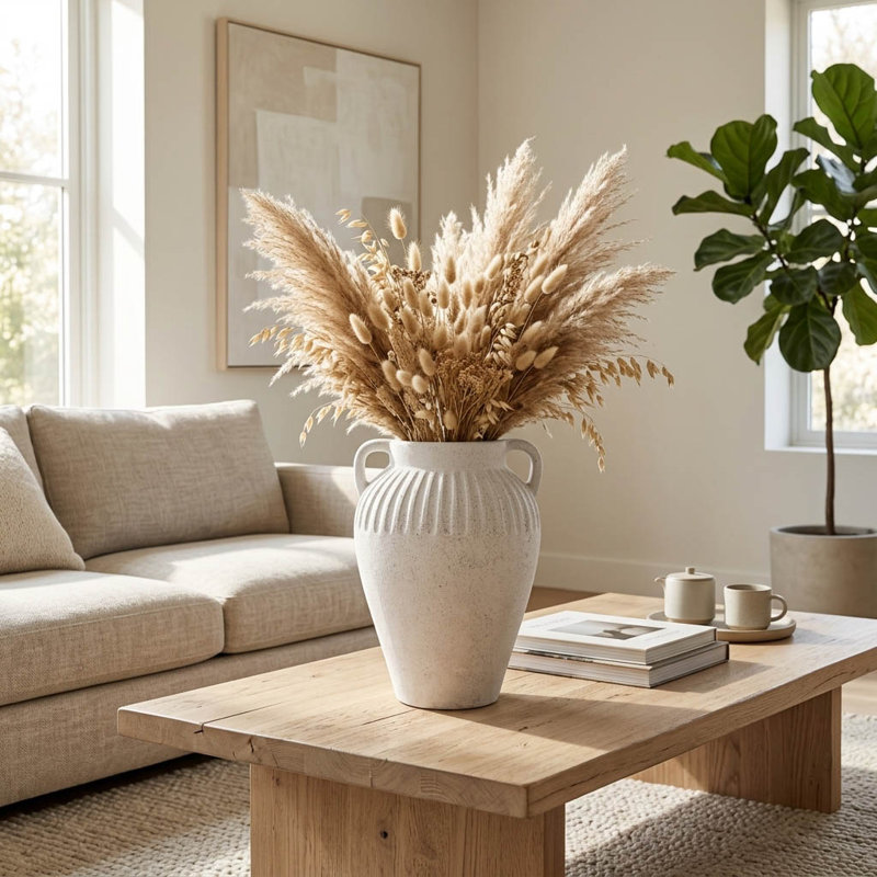 Vase rustique rainuré en terre cuite avec poignées pour la décoration de table - Grand vase moderne pour le salon, l'entrée ou une étagère - Blanc et ivoire