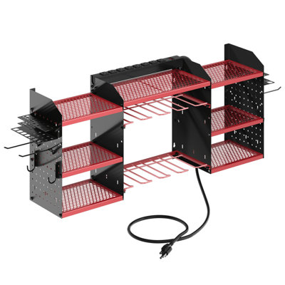 40 inches Modular Wall-Mounted Power Tool Organizer with Charging Station Heavy-Duty Drill Rack with Hooks and 8-Outlet Holder in Red