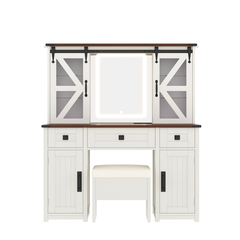 Bureau de coiffeuse 43,3 po avec miroir éclairé, ensemble de coiffeuse avec tabouret de rangement et station de charge, coiffeuse avec porte de grange coulissante, 3 tiroirs et 4 armoires, beige