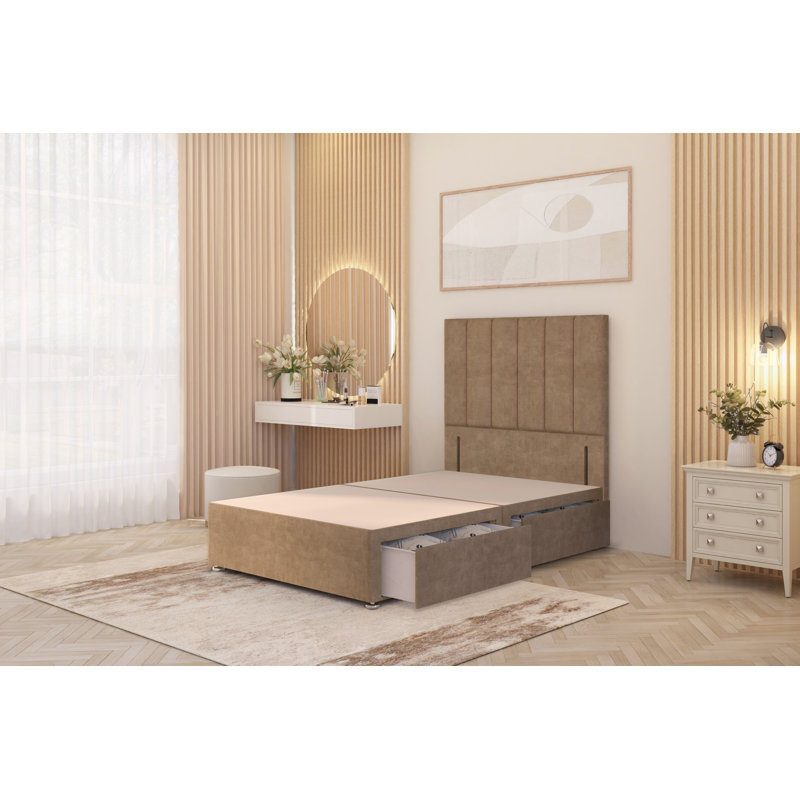 Asterin Divan Bed Base with 54" Floor Standing Headboard Plush Velvet, Beige, Single (3'), 2 Drawers