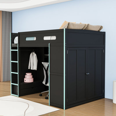 Lit mezzanine double en bois avec bureau intégré, port USB, éclairage DEL et tiroirs