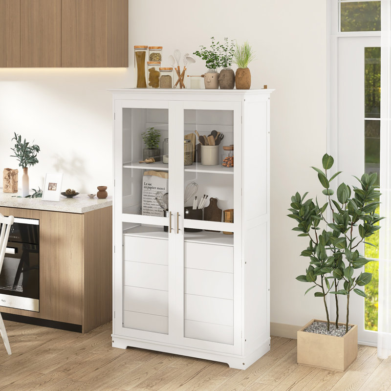 Armoire de rangement 44,7 po avec 4 tiroirs intégrés et porte vitrée Farmhouse, Blanc