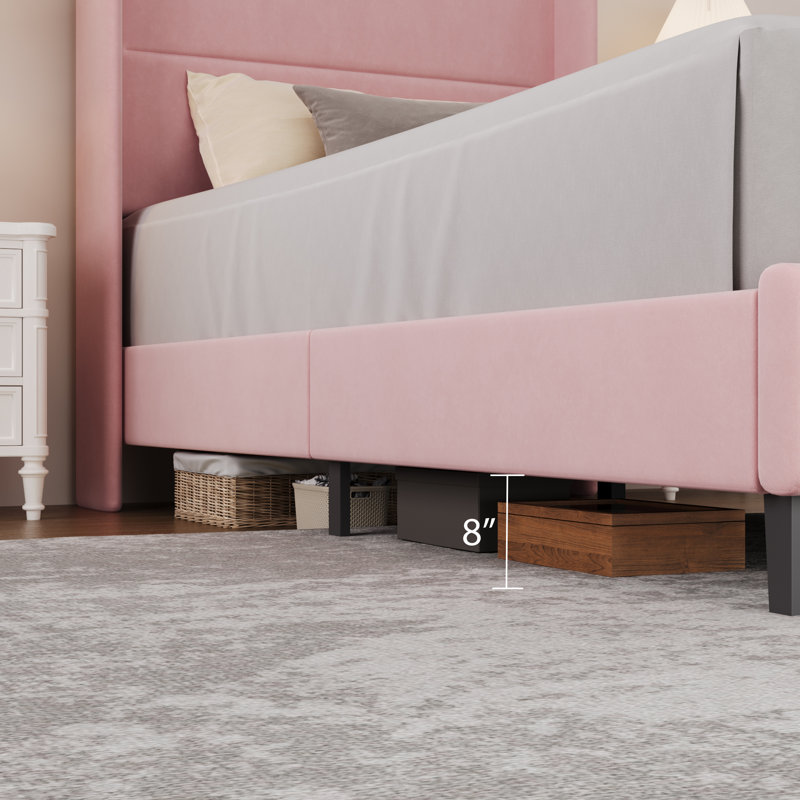Twin Bed Frames with Wingback Headboard, Velvet Upholstered Platform Bed Frame with Sturdy Wooden Slats Support, No Box Spring Needed, Easy Assembly, Pink