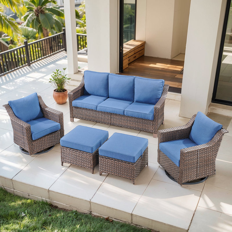 Ensemble de conversation d'extérieur pour 5 personnes avec coussins et repose-pieds Tya, Bleu