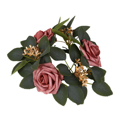 4 Pcs Artificial Rose Candle Rings Wreaths- Rose Wreaths With Green Leaves Greenery Garland For Pillar Candle Lantern Wedding Table Centerpiece Party Home Table Decor(Inner Diameter 3.15In)
