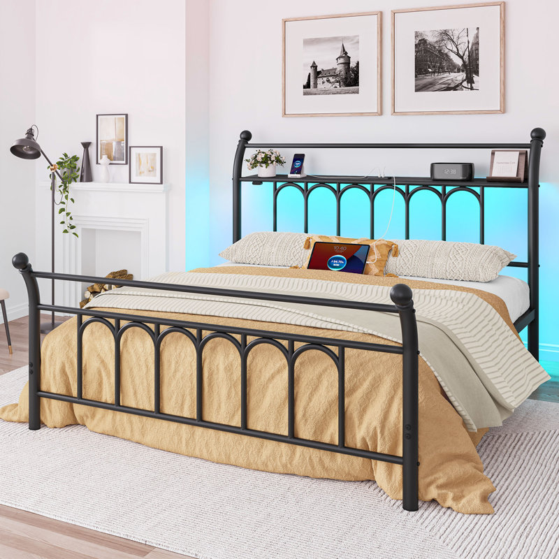 Cadre de lit simple avec tête de lit et rangement sous le lit, cadre de lit-bateau avec prises de courant et lumières DEL