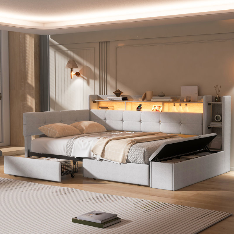 Twin Size Upholstered Daybed with Two Drawers, Storage Footstool, Shelves, USB Charging & LED Light, Beige, Beige, Twin