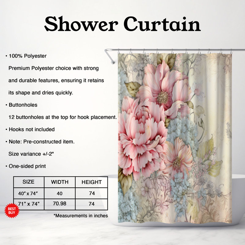Rideau de douche 1 pièce Soft Petals, H 74 po x l 71 po