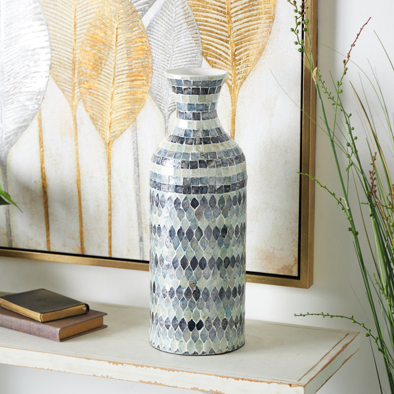 Capiz Shell Handmade Mosaic Blue Decorative Vase With White Interior, 20.35" H x 7.15" W x 7.15" D