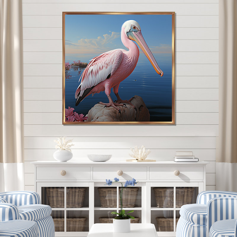 Pélican rose - art mural animaux côtiers, Cadre flottant doré, H 16 po x l 16 po