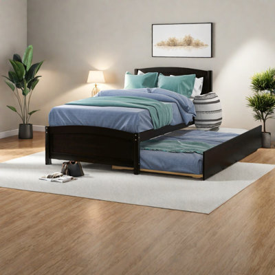 Space-saving Twin Beds With Solid Wood Trundle, Modern Espresso Design
