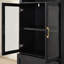 Armoire de rangement moderne et minimaliste à dessus arqué, portes en verre trempé, tablettes fixes, tiroirs, noire
