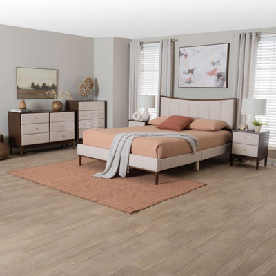 Allenport Baxton Studio Nikolai Mid-Century Channel Tufted Beige Fabric And Wenge Brown Wood 5-Piece Queen Bedroom Set by Latitude Run