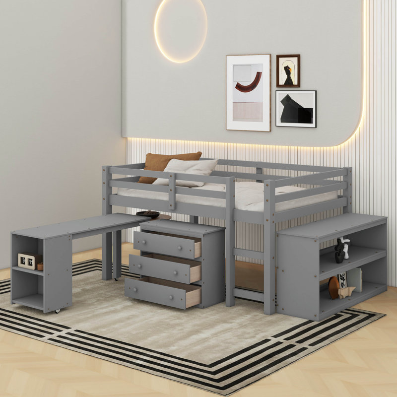 Lit mezzanine double avec armoire, tablettes et bureau, Gris