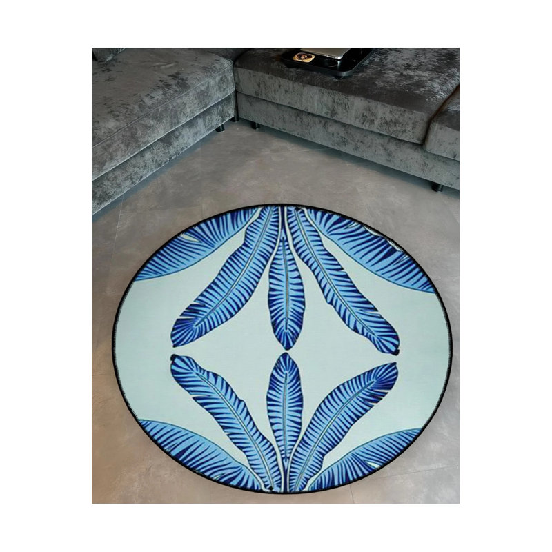 Blue Themed Tropical Leaves Patterned Round Woven Base Modern Decorative Carpet, Round 2'8"