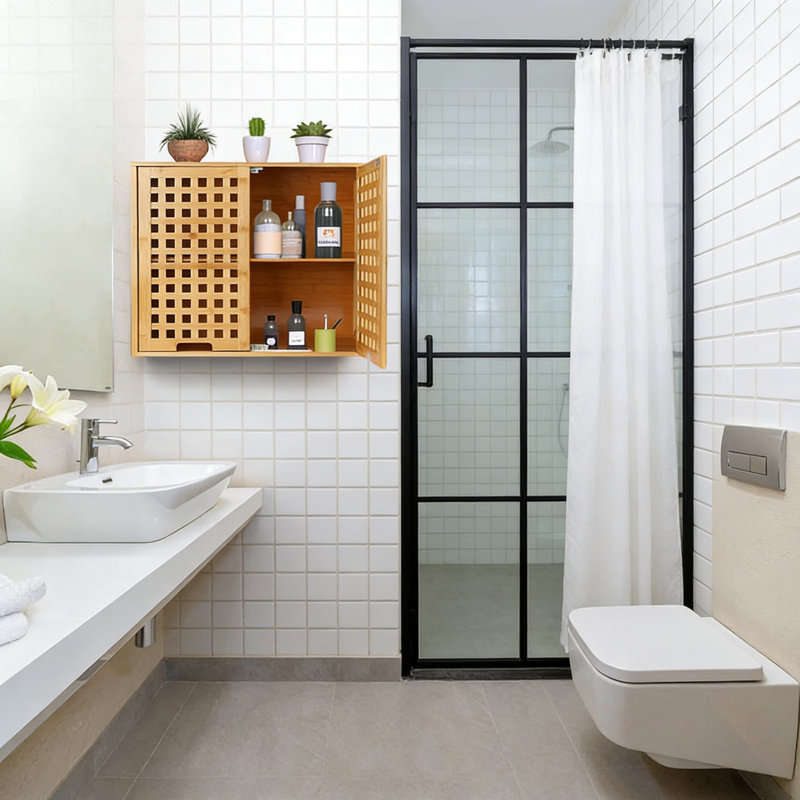 Armoire murale de salle de bain en bambou avec portes et tablettes - au-dessus de la toilette, rangement mural pour rangement