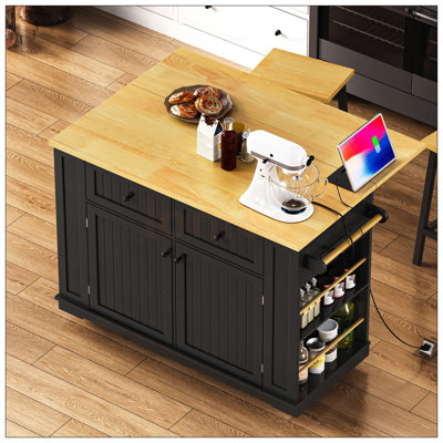 Multifunctional Kitchen Island With Drop Leaf, Power Outlets, And Ample Storage On 5 Wheels For Modern Kitchens