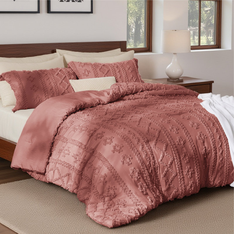 Bedsure Tufted Boho King Comforter Set – 3-Piece Grayish Purple Shabby Bedding，Farmhouse Jacquard Bed Set with Embroidery, All-Season Softness for Cozy Bedrooms & Boho-Chic Gifts