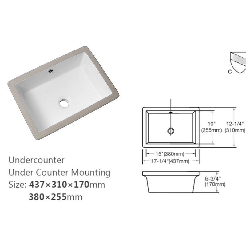 Lavabo de salle de bain 18 "x 12" avec trop-plein - encastré en céramique, style moderne, lisse pour différents espaces, design élégant et rectangulaire, résistance aux taches