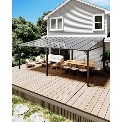 Pavillon de jardin mural à toit rigide de 12 pi x 20 pi avec toit en polycarbonate résistant aux rayons UV de 6 mm et pergola adossée en aluminium renforcé pour patio, terrasse et cour arrière - Abri toutes saisons