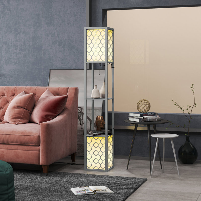  2-Light Modern Floor Lamp with Shelves for Living Room, Bedroom, Black, Grey