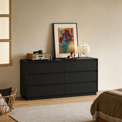 Commode noire à 6 tiroirs, commode large moderne avec design sans poignée