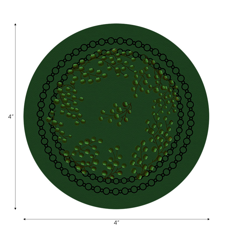 Christmas Berries Red White Vegan Leather Round Coasters, Green