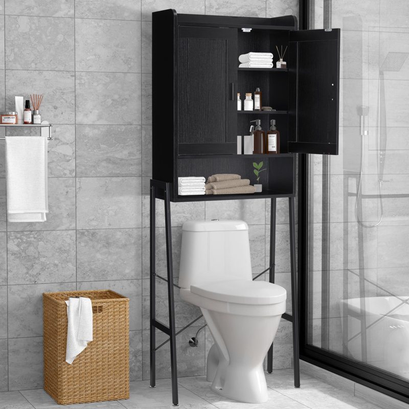 Solid Wood Freestanding Over-The-Toilet, Wooden Space-Saving Bathroom Organizer Shelf Over Toilet Storage Rack With Double Door And Adjustable Feet