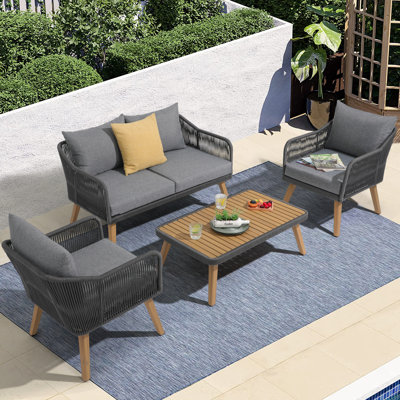 Zaniyah Solid Wood 4 - Person Seating Group with Cushions by George Oliver