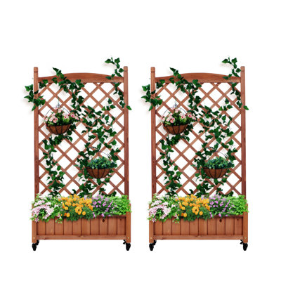 Lit de jardin surélevé avec treillis, ensemble de 2 jardinières en bois et support à plantes avec supports d'escalade 