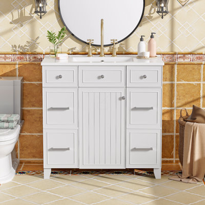 Meuble-lavabo de salle de bain avec lavabo en céramique, structure en bois massif, portes à fermeture en douceur, tablettes réglables, 3 tiroirs, y compris un tiroir à double profondeur