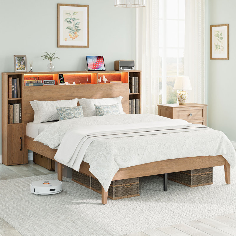 Aeterna Wooden Queen Size Bed Frame With Storage Headboard,  No Box Spring Needed, Natural Wood Color