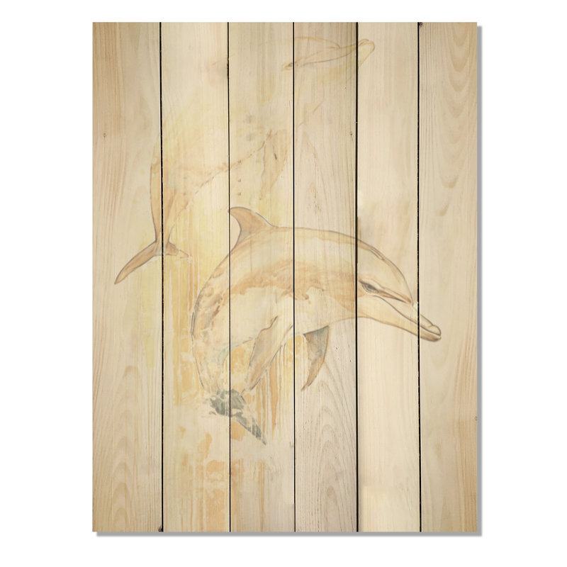 Beige et or, dauphin «Happiness I» - Art mural en bois de dauphin sur bois de pin naturel, H 20 po x l 10 po