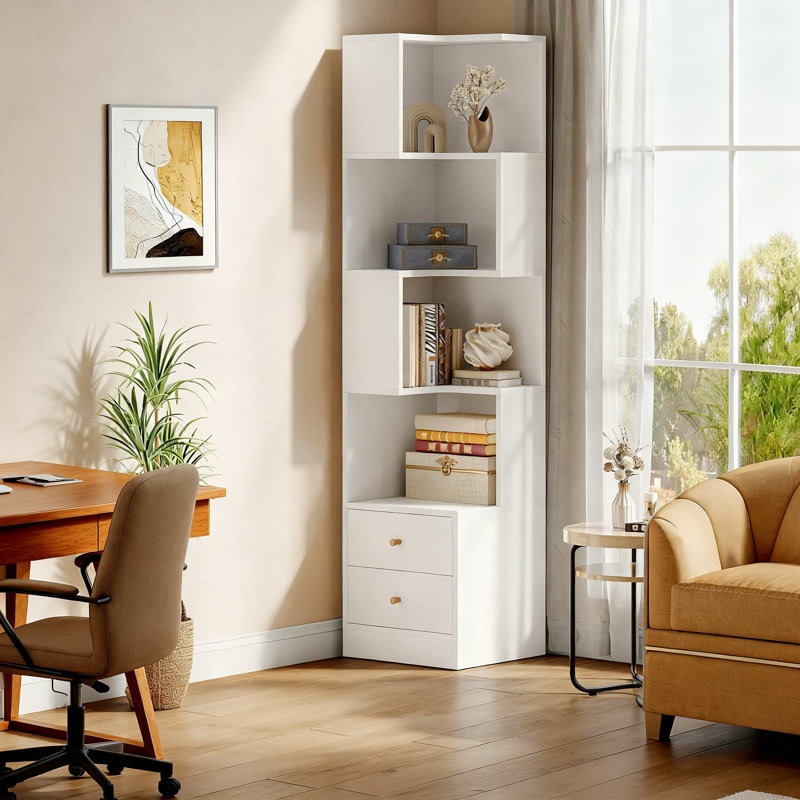Tall Corner Bookcase With Drawers, 5-Tier Storage Shelf Unit For Living Room, Home Office, And Bedroom Organization