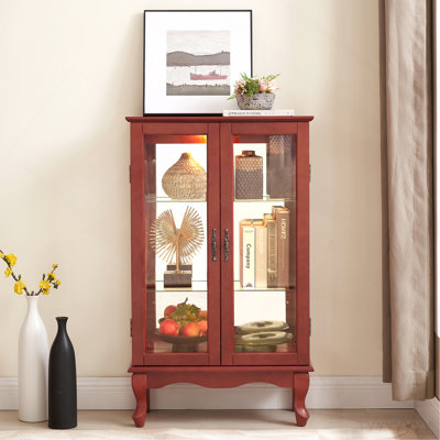 Elegant 2-Door Curio Cabinet With Tempered Glass Doors, Mirrored Back Panel, And Adjustable Shelves - Lighted Display Cabinet For Home And Office (Light Bulb Included) - Cherry Finish