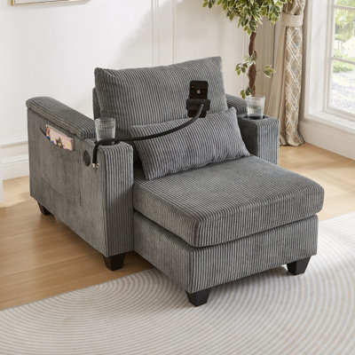 Convertible Chaise Lounge 37.4" Sofa Chair Sofa Bed Sleeper Sofa With USB Ports , Two Cup Holders, Phone Holder And Ample Storage Space