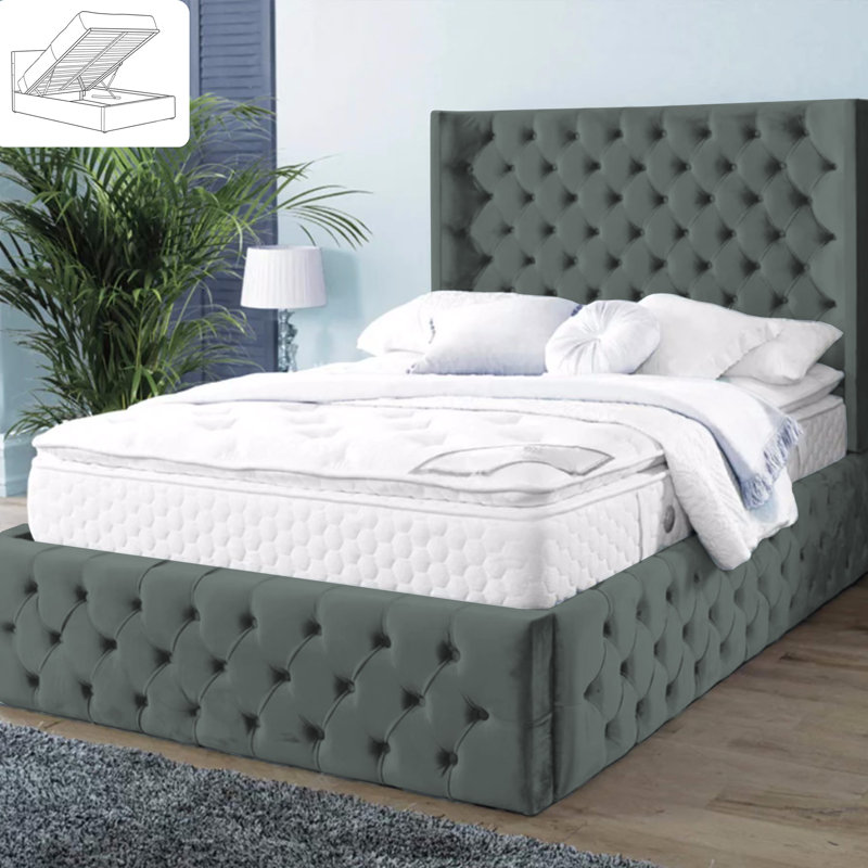 Vortex Chesterfield Ottoman Storage Bed - Plush Velvet Gas Lift Bed Frame with Headboard, Small Double (4'), Chrome