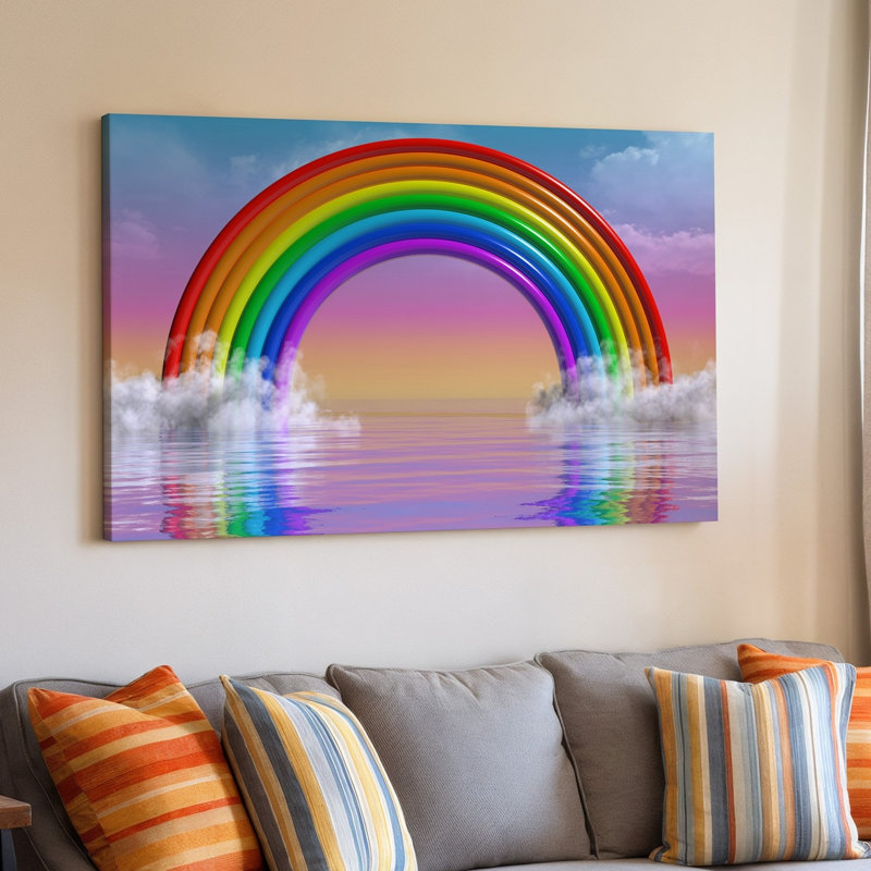 Toile, "Scène surréaliste vibrante" avec art mural arc-en-ciel multicolore arqué gracieusement sur fond de toile de fond