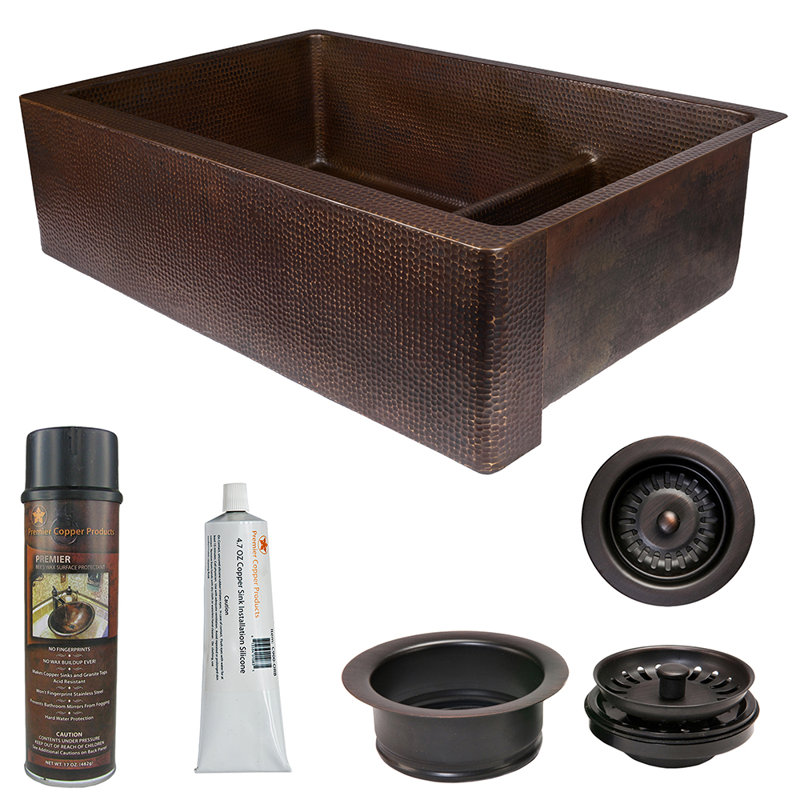 33" Hammered Copper Kitchen Apron 70/30 Double Basin Sink with Short 5" Divider w/ Matching Drains and Accessories