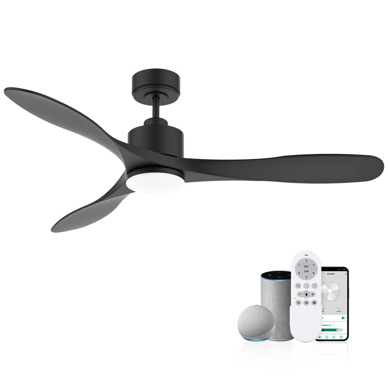 Ventilateur de plafond en bois moderne à 3 pales de 52 po avec lumière et télécommande, contrôle Alexa Alexa, moteur CC silencieux, intérieur / extérieur