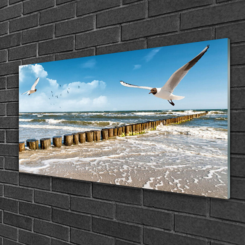 Landscape Seagulls Sea - Unframed Photograph on Glass
