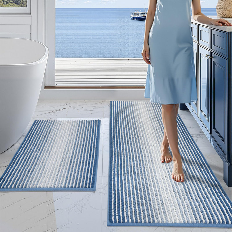 Soft Shaggy Absorbent Non-Slip Bath Mat, 20" x 47" Plus 16" x 24", Sky Blue