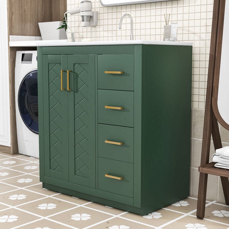 Ensemble de meuble-lavabo autoportant 3 tiroirs 30 po avec lavabo en céramique et portes à fermeture douce Harsimar, Green