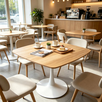 Table de salle à manger carrée contemporaine de forme tulipe arrondie, avec plateau en MDF imitation chêne et pied central en métal blanc, petite table de 107 cm (42,13 pouces) idéale pour bistrot, café et usage domestique.